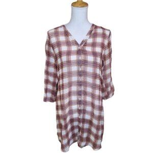 Jack Plaid Semi-sheer Split Sleeve Button Up Tunic Top Coral Small